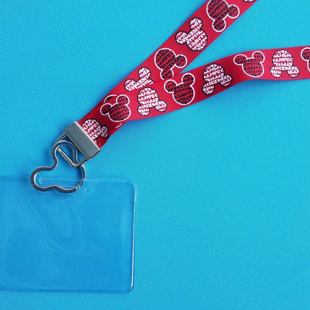 Disney KTTW Card Holder/Lanyard  - Red Mickey Minnie Head Words - Newsprint - Non-scratchy - Child or Adult