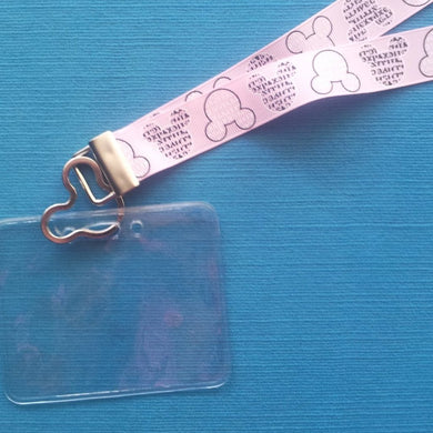 Disney KTTW Card Holder/Lanyard  - Pink Mickey Minnie Head Words Newsprint - Non-scratchy - Child or Adult